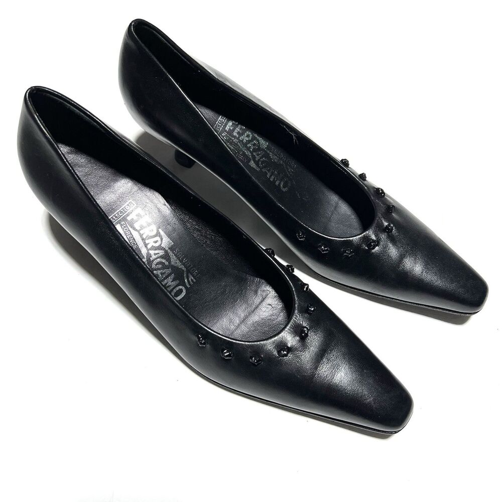 Salvatore Ferragamo Black Leather Rivet Trim Princess Heel Pump 7.5 AA